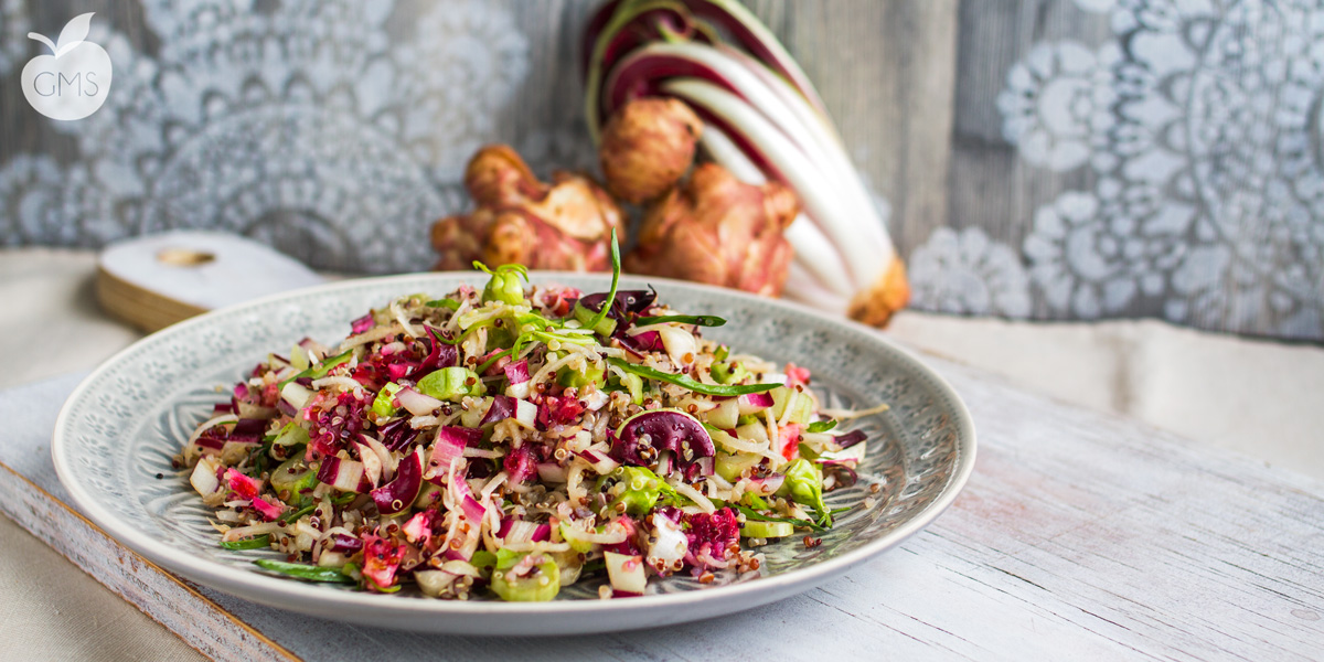 Insalata di quinoa con topinambur, radicchio, puntarelle e arance